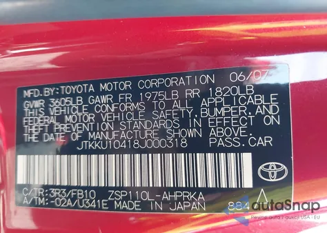 2008 Scion Xd z USA, uszkodzony, nr VIN JTKKU10418J000318